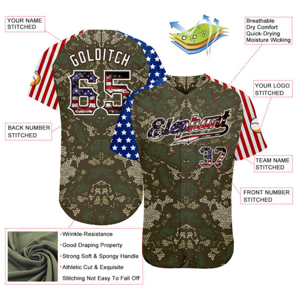 Custom Camo USA Flag Red Blue Brown-White Patriotic Mosaic Camouflage Stars & Stripes Raglan Sleeves Authentic Baseball Jersey