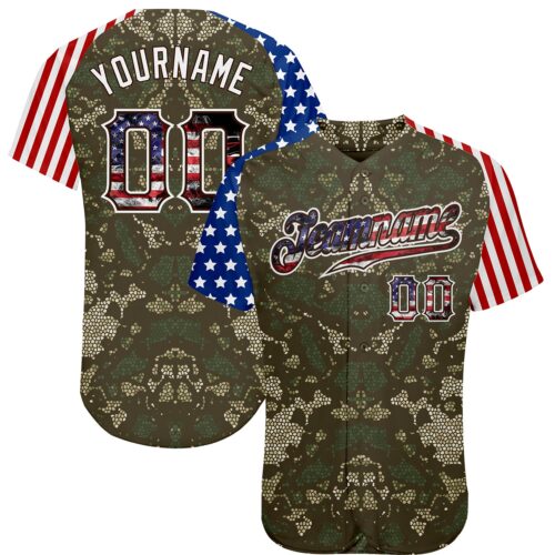 Custom Camo USA Flag Red Blue Brown-White Patriotic Mosaic Camouflage Stars & Stripes Raglan Sleeves Authentic Baseball Jersey