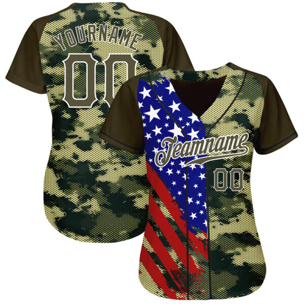 Custom Camo Olive Red Blue Black-White American Flag Side Stripe Patriotic Digital Woodland Camouflage Raglan Sleeves Authentic Baseball Jersey