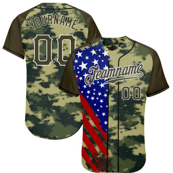 Custom Camo Olive Red Blue Black-White American Flag Side Stripe Patriotic Digital Woodland Camouflage Raglan Sleeves Authentic Baseball Jersey