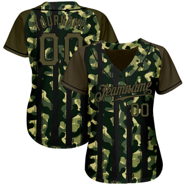 Custom Camo Olive-Black Distressed American Flag Patriotic Raglan Sleeves Authentic Baseball Jersey