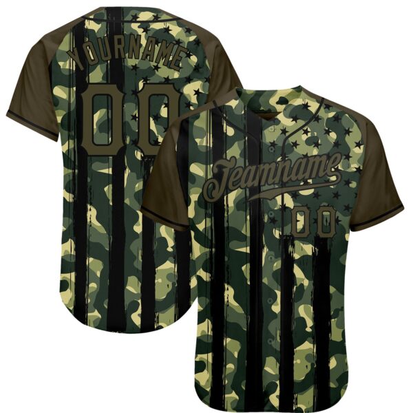 Custom Camo Olive-Black Distressed American Flag Patriotic Raglan Sleeves Authentic Baseball Jersey