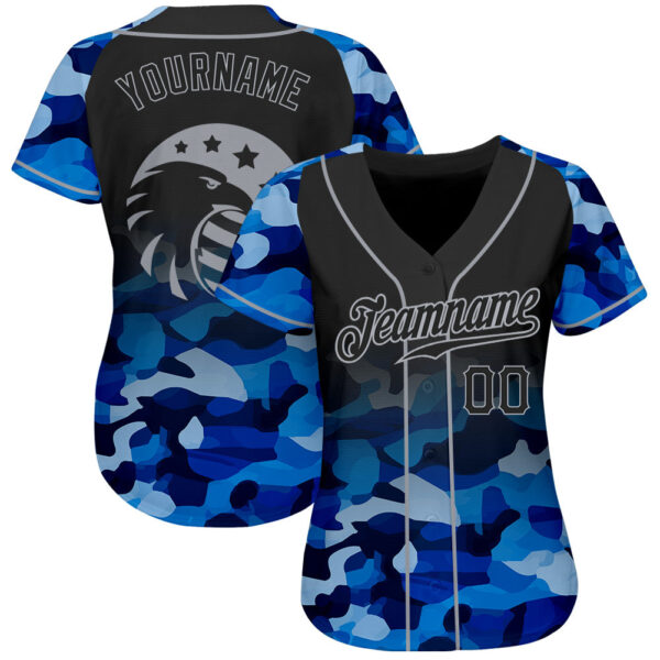Custom Camo Black-Gray American Flag Patriotic Eagle Raglan Sleeves Authentic Baseball Jersey