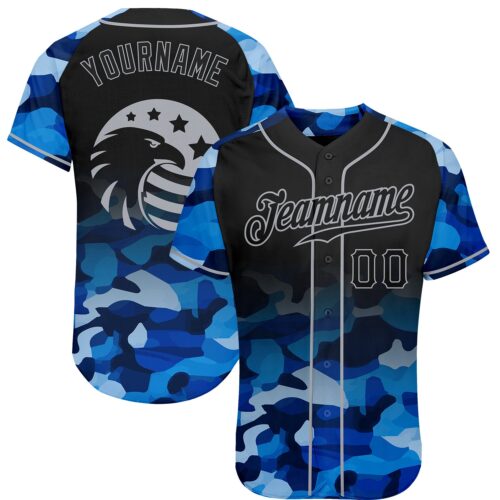 Custom Camo Black-Gray American Flag Patriotic Eagle Raglan Sleeves Authentic Baseball Jersey