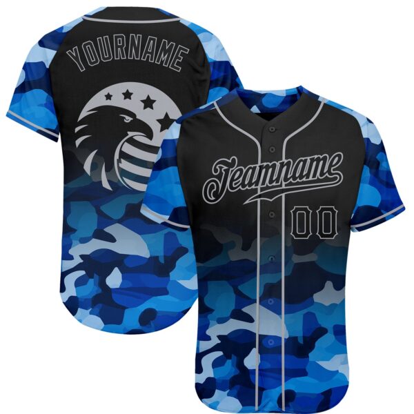 Custom Camo Black-Gray American Flag Patriotic Eagle Raglan Sleeves Authentic Baseball Jersey