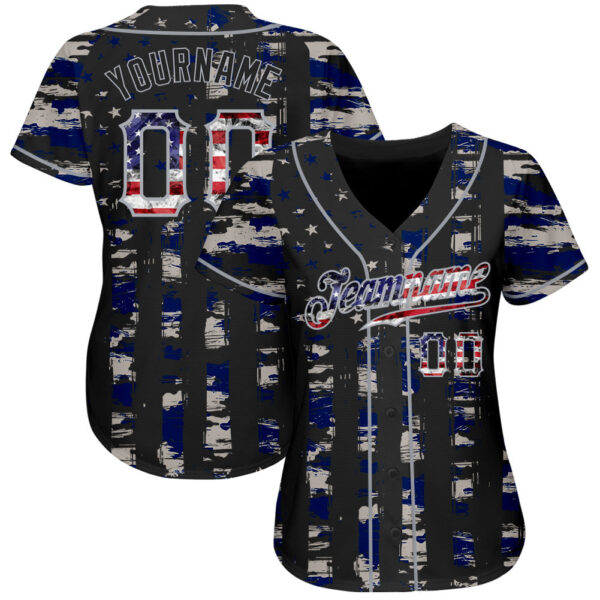Custom Black USA Flag-Gray Distressed Grunge Patriotic Raglan Sleeves Authentic Baseball Jersey