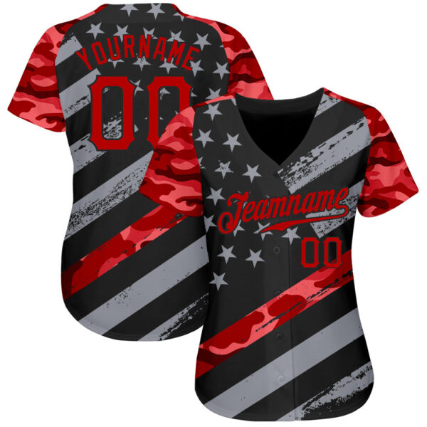 Custom Black Red American Flag Patriotic Camo Raglan Sleeves Authentic Baseball Jersey
