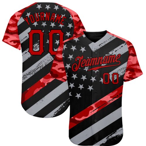 Custom Black Red American Flag Patriotic Camo Raglan Sleeves Authentic Baseball Jersey