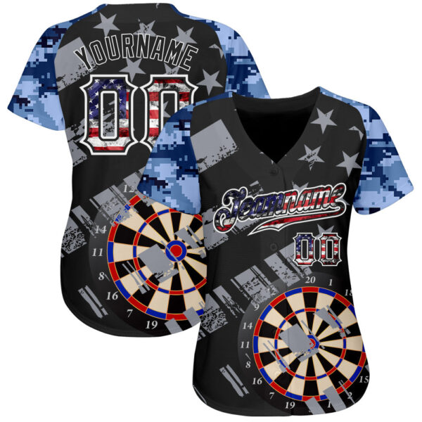 Custom Black USA Flag-White Darts Patriotic Mosaic Camo Raglan Sleeves Authentic Baseball Jersey
