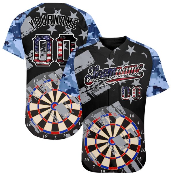 Custom Black USA Flag-White Darts Patriotic Mosaic Camo Raglan Sleeves Authentic Baseball Jersey