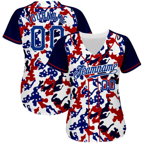 Custom White Royal Red-Navy Camo American Flag Patriotic Raglan Sleeves Authentic Baseball Jersey