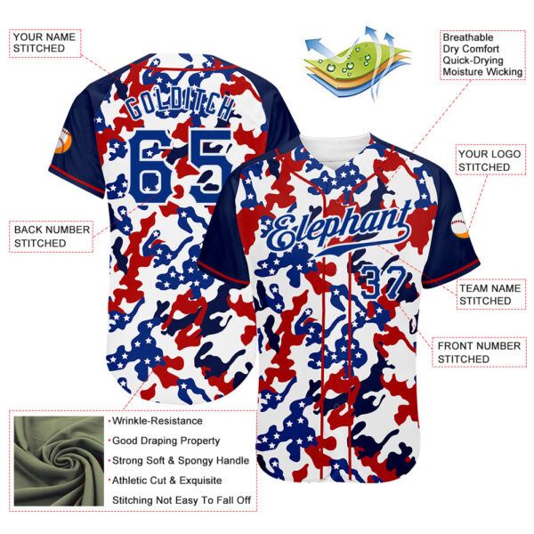 Custom White Royal Red-Navy Camo American Flag Patriotic Raglan Sleeves Authentic Baseball Jersey