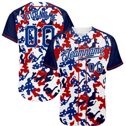Custom White Royal Red-Navy Camo American Flag Patriotic Raglan Sleeves Authentic Baseball Jersey