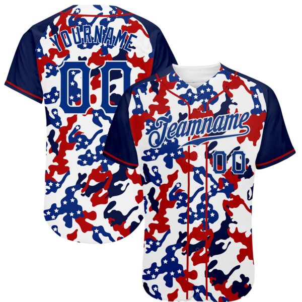 Custom White Royal Red-Navy Camo American Flag Patriotic Raglan Sleeves Authentic Baseball Jersey