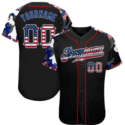 Custom Black USA Flag Red-White Patriotic Camo Raglan Sleeves Authentic Baseball Jersey