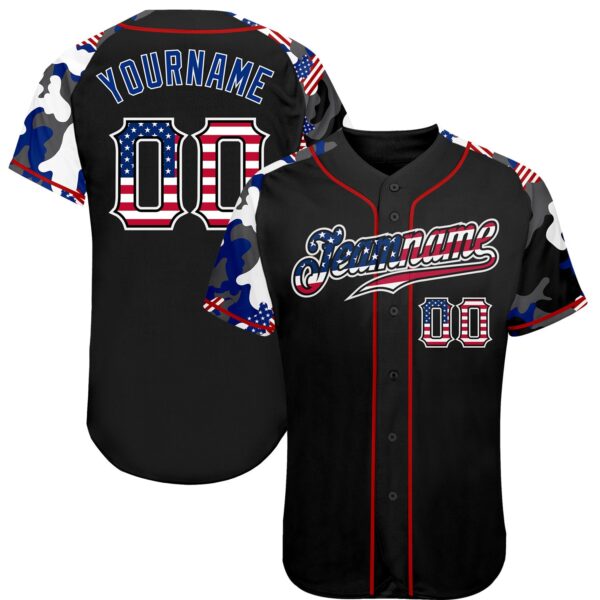 Custom Black USA Flag Red-White Patriotic Camo Raglan Sleeves Authentic Baseball Jersey