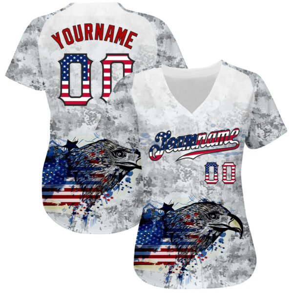 Custom White USA Flag Red-Black Bald Eagle Patriotic Grunge Camo Raglan Sleeves Authentic Baseball Jersey