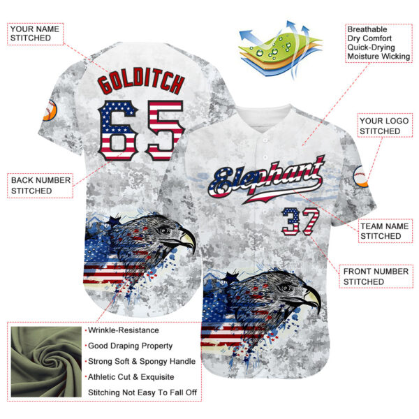 Custom White USA Flag Red-Black Bald Eagle Patriotic Grunge Camo Raglan Sleeves Authentic Baseball Jersey