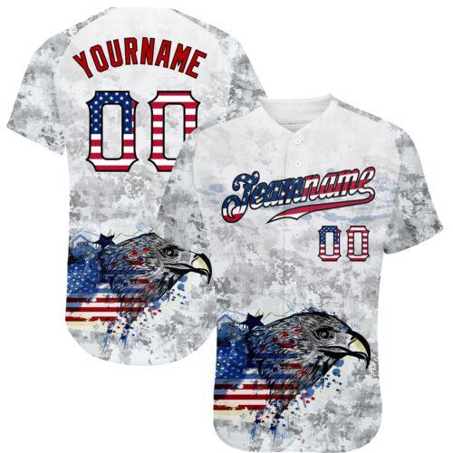 Custom White USA Flag Red-Black Bald Eagle Patriotic Grunge Camo Raglan Sleeves Authentic Baseball Jersey