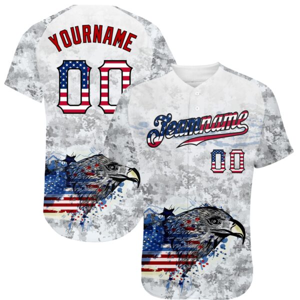 Custom White USA Flag Red-Black Bald Eagle Patriotic Grunge Camo Raglan Sleeves Authentic Baseball Jersey