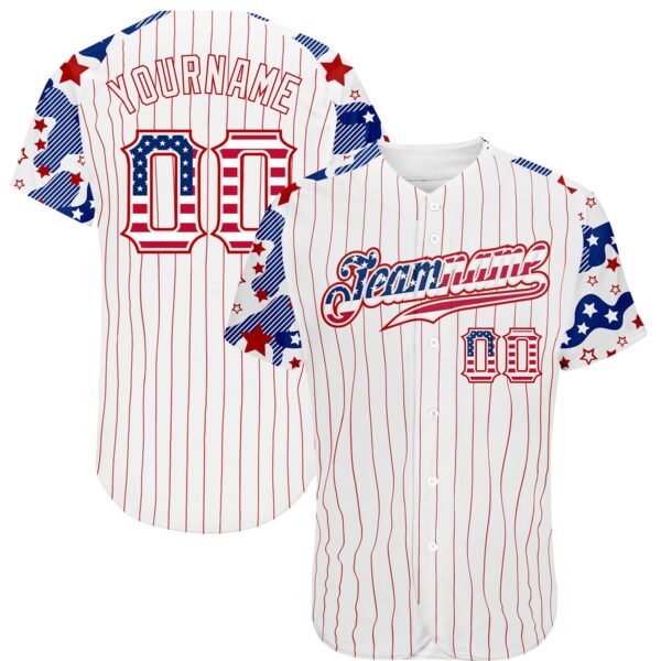 Custom White Red Pinstripe USA Flag-Blue Patriotic Stars & Stripes Raglan Sleeves Authentic Baseball Jersey