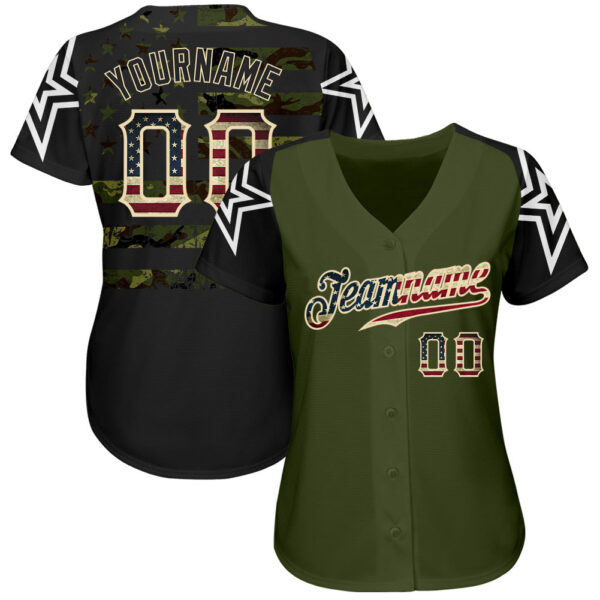 Custom Olive Vintage USA Flag Black Camo-Cream Patriotic Stars Raglan Sleeves Authentic Baseball Jersey