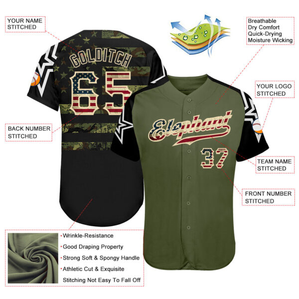 Custom Olive Vintage USA Flag Black Camo-Cream Patriotic Stars Raglan Sleeves Authentic Baseball Jersey