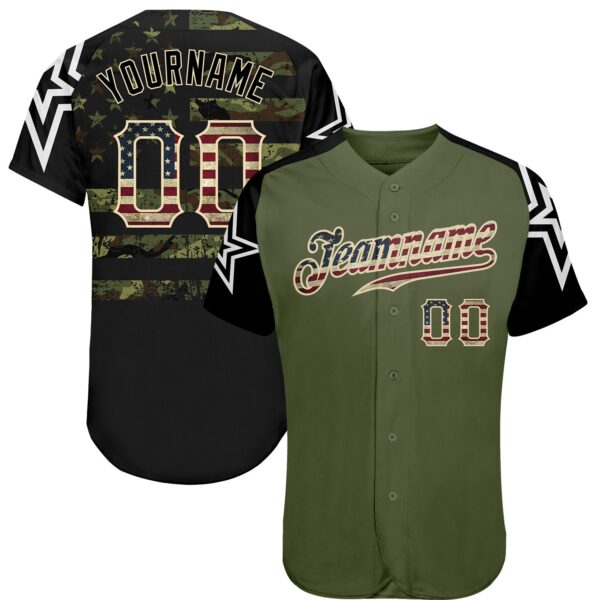 Custom Olive Vintage USA Flag Black Camo-Cream Patriotic Stars Raglan Sleeves Authentic Baseball Jersey