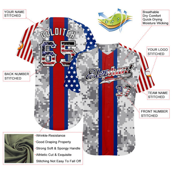 Custom Camo USA Flag Red Blue Black-White Patriotic Pixel Camouflage Stars & Stripes Raglan Sleeves Authentic Baseball Jersey