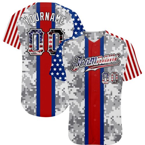 Custom Camo USA Flag Red Blue Black-White Patriotic Pixel Camouflage Stars & Stripes Raglan Sleeves Authentic Baseball Jersey