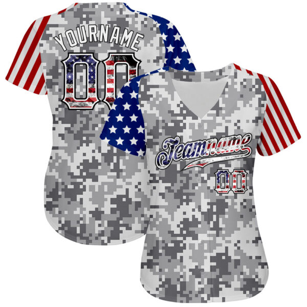 Custom Camo USA Flag Red Blue Black-White Patriotic Pixel Camouflage Stars & Stripes Raglan Sleeves Authentic Baseball Jersey