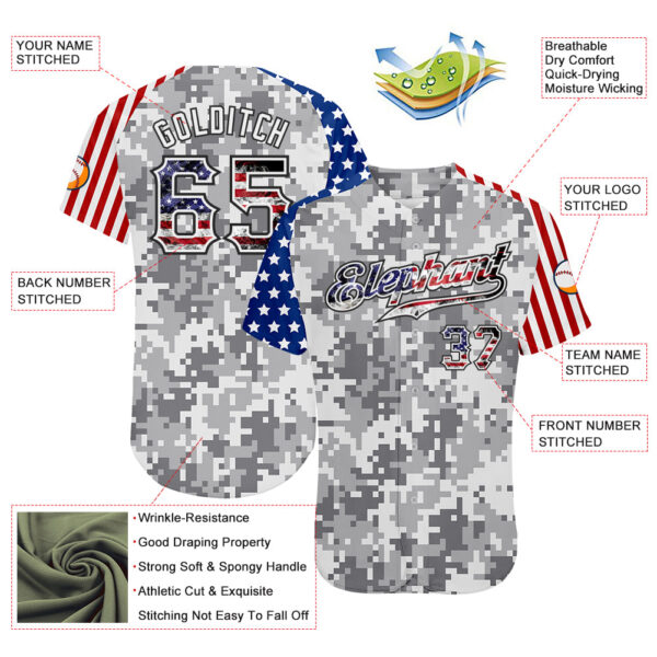 Custom Camo USA Flag Red Blue Black-White Patriotic Pixel Camouflage Stars & Stripes Raglan Sleeves Authentic Baseball Jersey