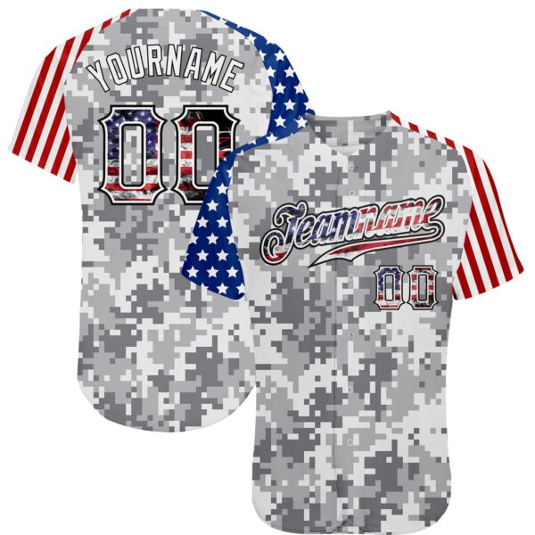 Custom Camo USA Flag Red Blue Black-White Patriotic Pixel Camouflage Stars & Stripes Raglan Sleeves Authentic Baseball Jersey