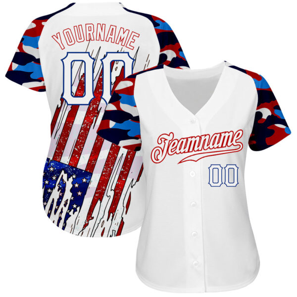 Custom White Red-Royal Patriotic American Flag Camo Raglan Sleeves Authentic Baseball Jersey