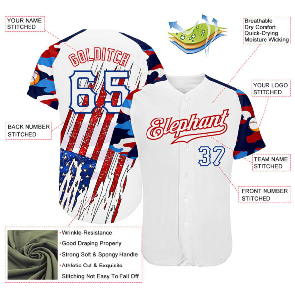 Custom White Red-Royal Patriotic American Flag Camo Raglan Sleeves Authentic Baseball Jersey