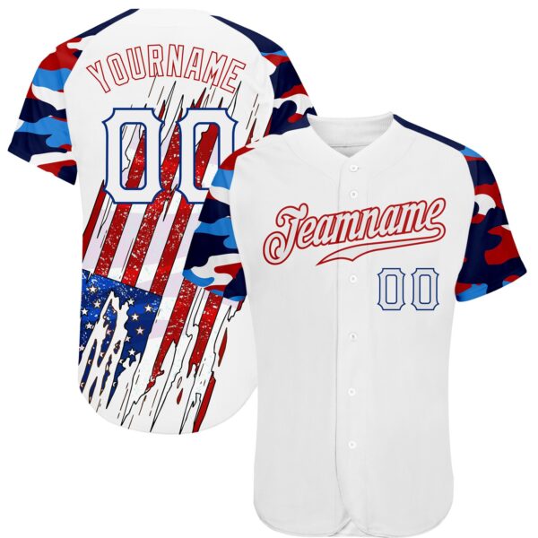 Custom White Red-Royal Patriotic American Flag Camo Raglan Sleeves Authentic Baseball Jersey