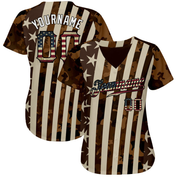 Custom Camo Vintage USA Flag Cream Black-White Patriotic Desert Camouflage Raglan Sleeves Authentic Baseball Jersey