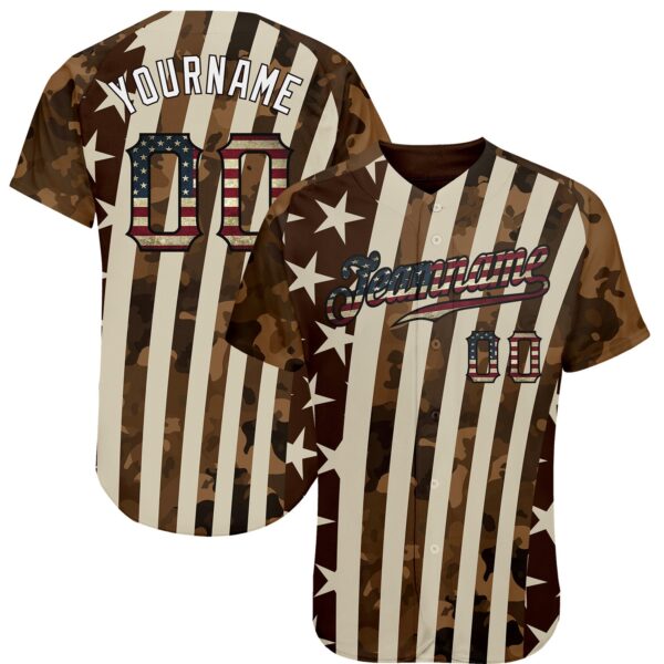 Custom Camo Vintage USA Flag Cream Black-White Patriotic Desert Camouflage Raglan Sleeves Authentic Baseball Jersey