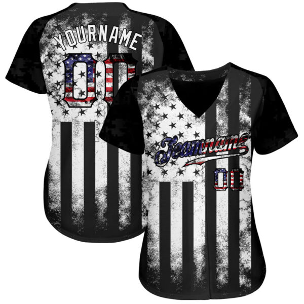 Custom Black USA Flag-White Patriotic Distressed Grunge Desert Camouflage Raglan Sleeves Authentic Baseball Jersey