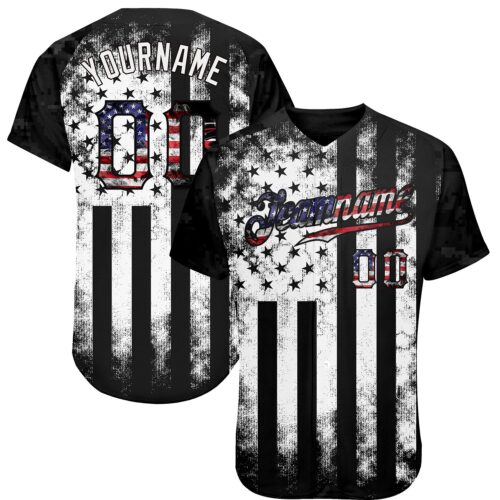 Custom Black USA Flag-White Patriotic Distressed Grunge Desert Camouflage Raglan Sleeves Authentic Baseball Jersey
