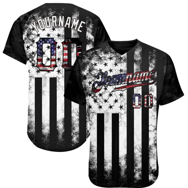 Custom Black USA Flag-White Patriotic Distressed Grunge Desert Camouflage Raglan Sleeves Authentic Baseball Jersey