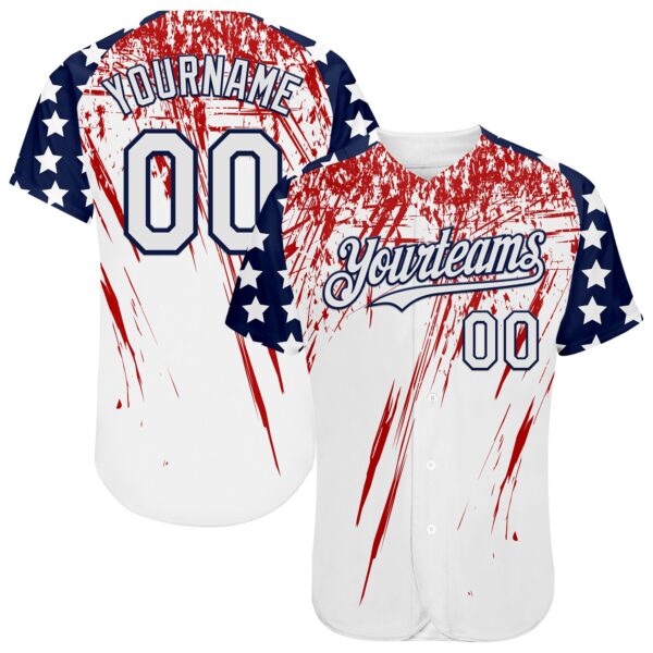 Custom White Navy-Red Splatter Brush Stroke Star Raglan Sleevess Authentic Baseball Jersey