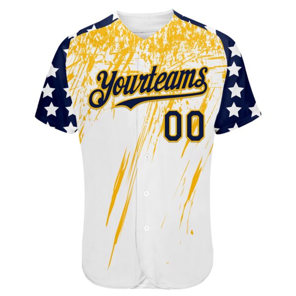 Custom White Navy-Gold Splatter Brush Stroke Star Raglan Sleevess Authentic Baseball Jersey