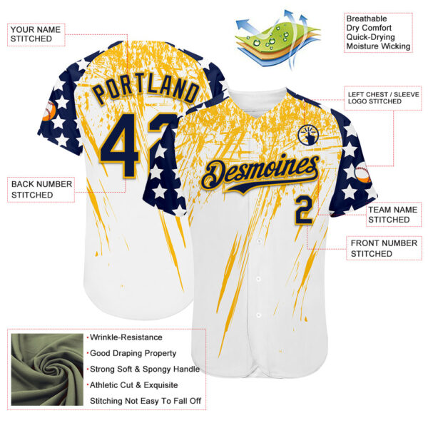 Custom White Navy-Gold Splatter Brush Stroke Star Raglan Sleevess Authentic Baseball Jersey