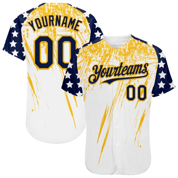 Custom White Navy-Gold Splatter Brush Stroke Star Raglan Sleevess Authentic Baseball Jersey