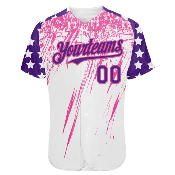 Custom White Purple-Pink Splatter Brush Stroke Star Raglan Sleevess Authentic Baseball Jersey