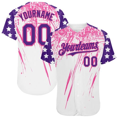 Custom White Purple-Pink Splatter Brush Stroke Star Raglan Sleevess Authentic Baseball Jersey