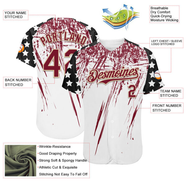 Custom White Crimson Cream-Black Splatter Brush Stroke Star Raglan Sleevess Authentic Baseball Jersey