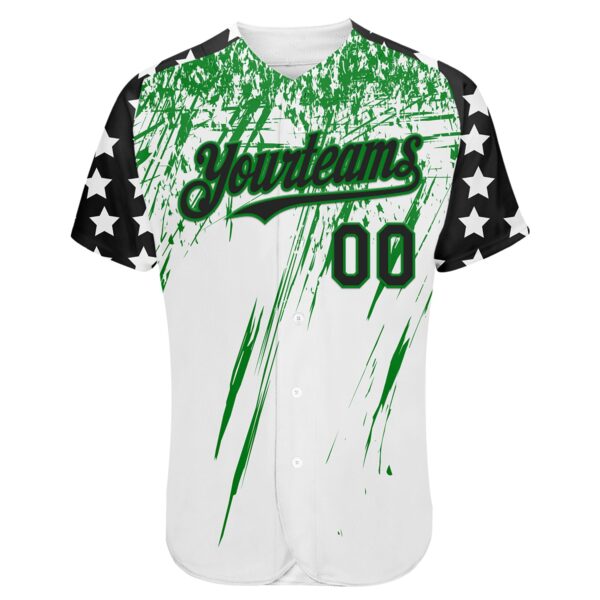 Custom White Black-Grass Green Splatter Brush Stroke Star Raglan Sleevess Authentic Baseball Jersey