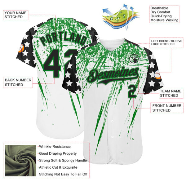 Custom White Black-Grass Green Splatter Brush Stroke Star Raglan Sleevess Authentic Baseball Jersey